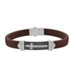Men’S Sterling Silver White Bracelet With Brown Leather Strap And Central Black Accent ’ 0.25Ct