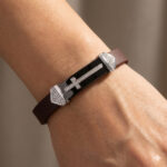 Men’S Sterling Silver White Bracelet With Brown Leather Strap And Central Black Accent ’ 0.25Ct - Image 4