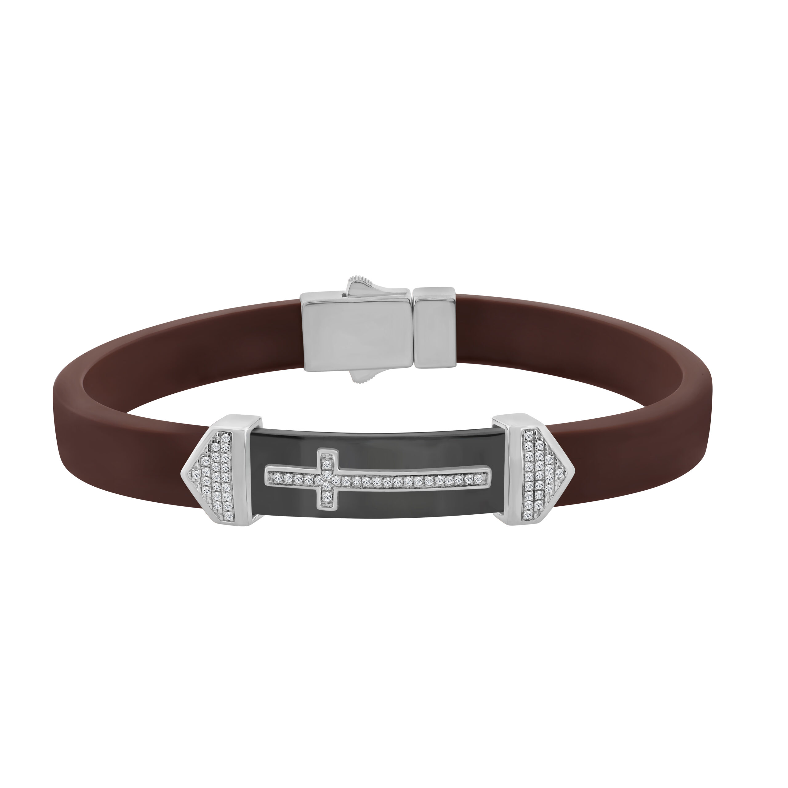 Men’S Sterling Silver White Bracelet With Brown Leather Strap And Central Black Accent ’ 0.25Ct