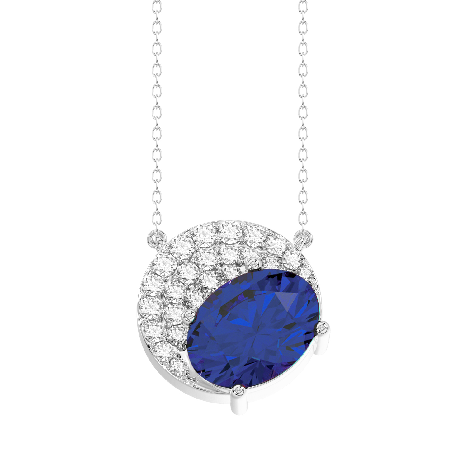 20921146_317550W-NT-A-53424.jpg LADIES PENDANT WITH CHAIN 1.75CT ROUND/OVAL BLUE SAPPHIRE DIAMOND 14K WHITE GOLD (CENTER STONE OVAL BLUE SAPPHIRE DIAMOND-1.60CT) - Image 1