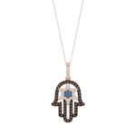 Elegant 14K Rose Gold Hamsa Hand Pendant For Women Featuring 0.50 Ct Round, Dark Brown, And Blue Diamonds. Includes Chain For A Complete Luxury Look.