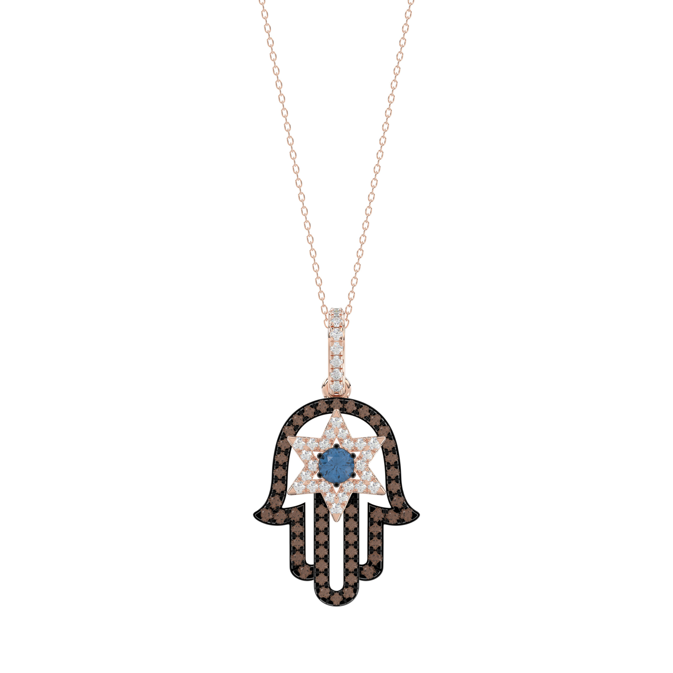 20922633_357463R.jpg Elegant 14K Rose Gold Hamsa Hand Pendant For Women Featuring 0.50 Ct Round, Dark Brown, And Blue Diamonds. Includes Chain For A Complete Luxury Look. - Image 1