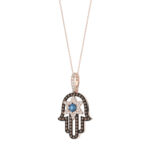 Elegant 14K Rose Gold Hamsa Hand Pendant For Women Featuring 0.50 Ct Round, Dark Brown, And Blue Diamonds. Includes Chain For A Complete Luxury Look. - Image 3
