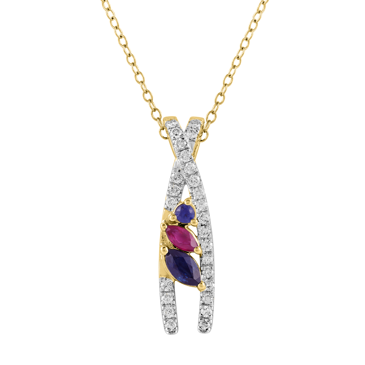 20935813_330024Y-NT-A-59297.jpg LADIES PENDANT WITH CHAIN 0.62CT ROUND/BLUE SAPPHIRE/RUBY DIAMOND DIAMOND 14K YELLOW GOLD (CENTER STONE MARQUISE/ROUND DIAMOND 0.50CT) - Image 1