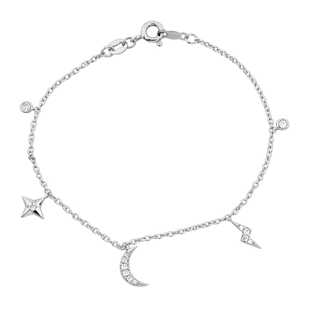 20937914_361611W-SS-5026109.jpg Women’S Sterling Silver White Bracelet ’ 0.20Ct Round Diamonds, Stars & Moon Design - Image 1
