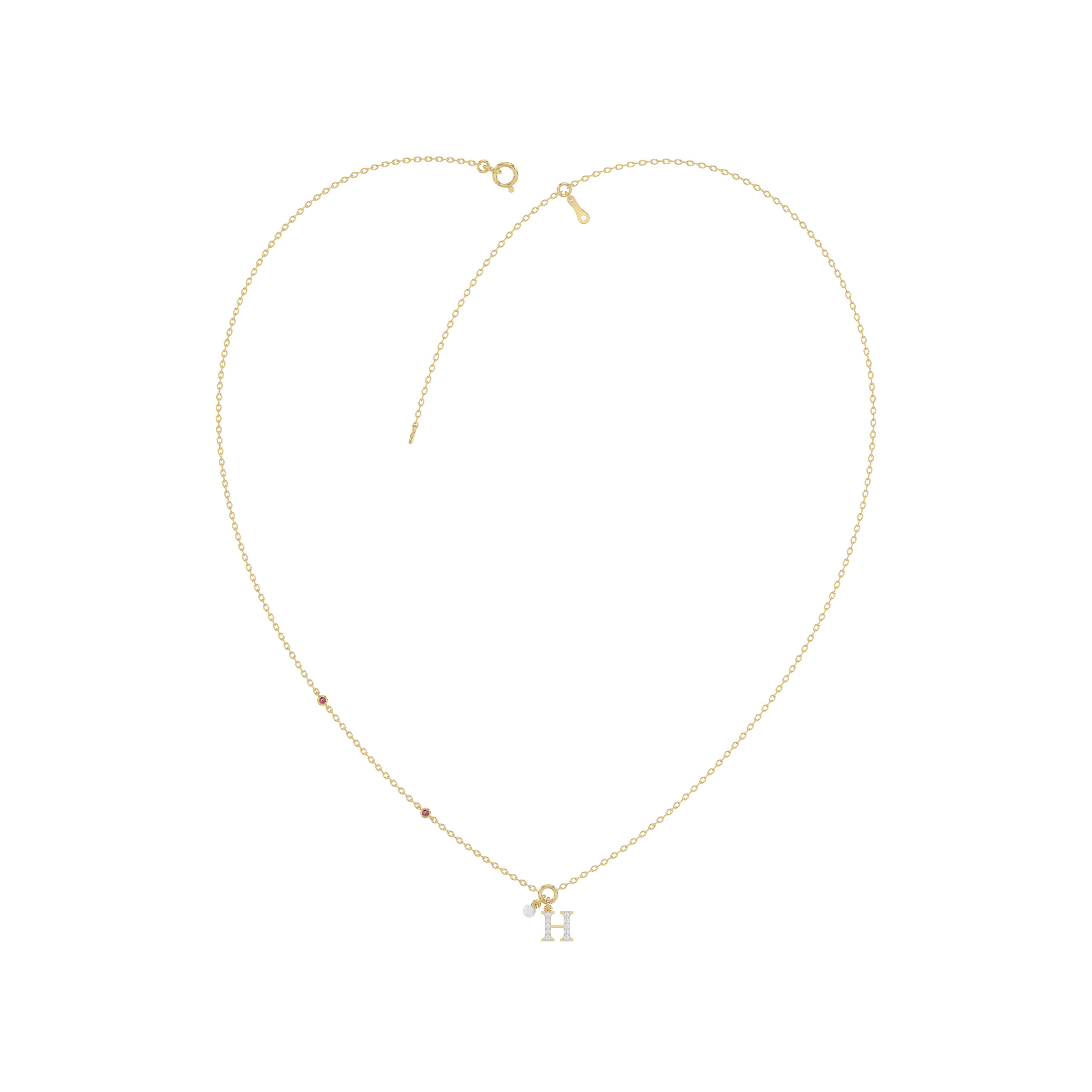 20938500_365126Y.jpg Stylish 10K Yellow Gold Ladies “H” Letter Necklace Featuring Round Ruby Diamonds And Pearl Accents. A Delicate And Personalized Fine Jewelry - Image 1