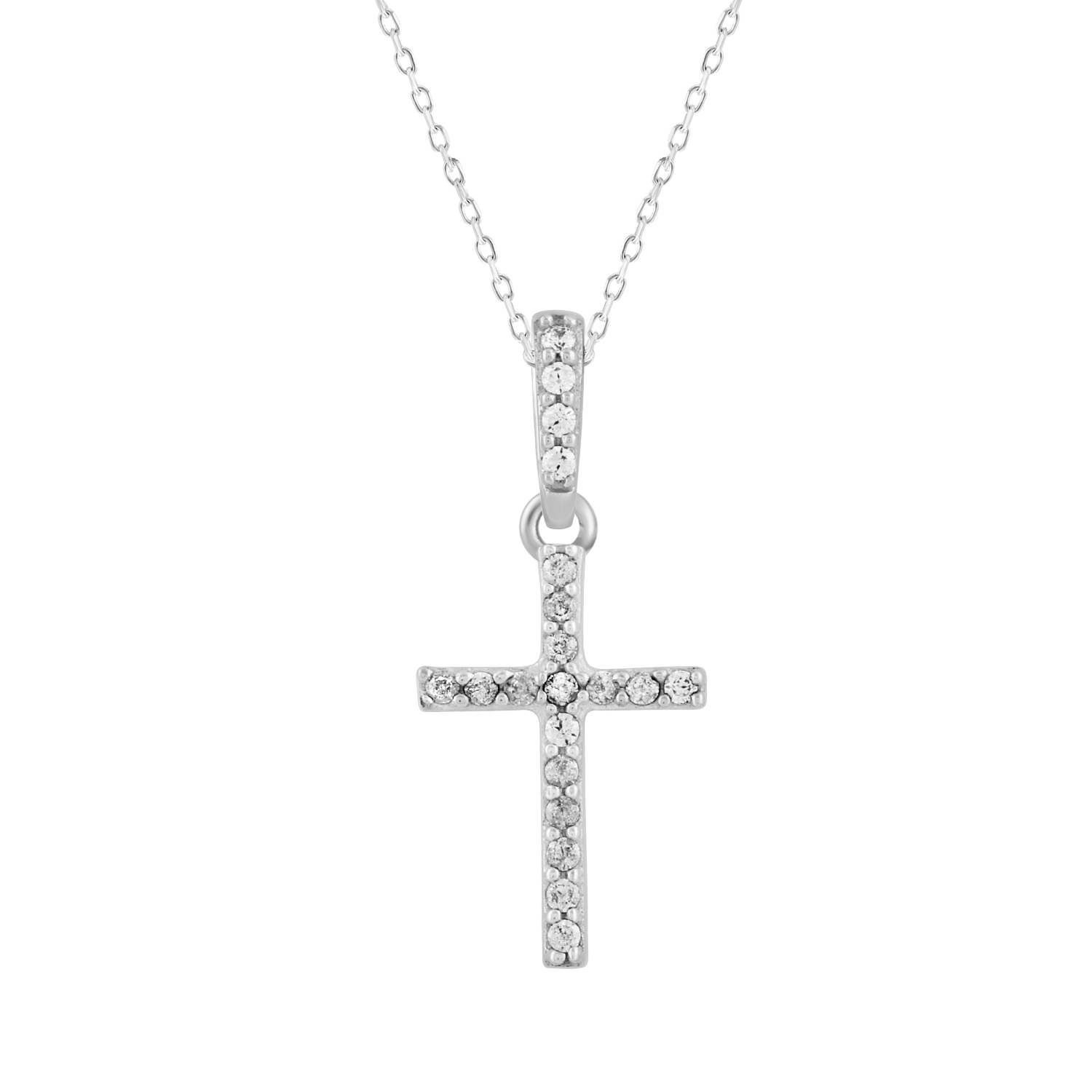 20938685_331967W-SS.jpg Elegant Sterling Silver Cross Pendant With Chain 0.05CT Round Diamond - Image 1