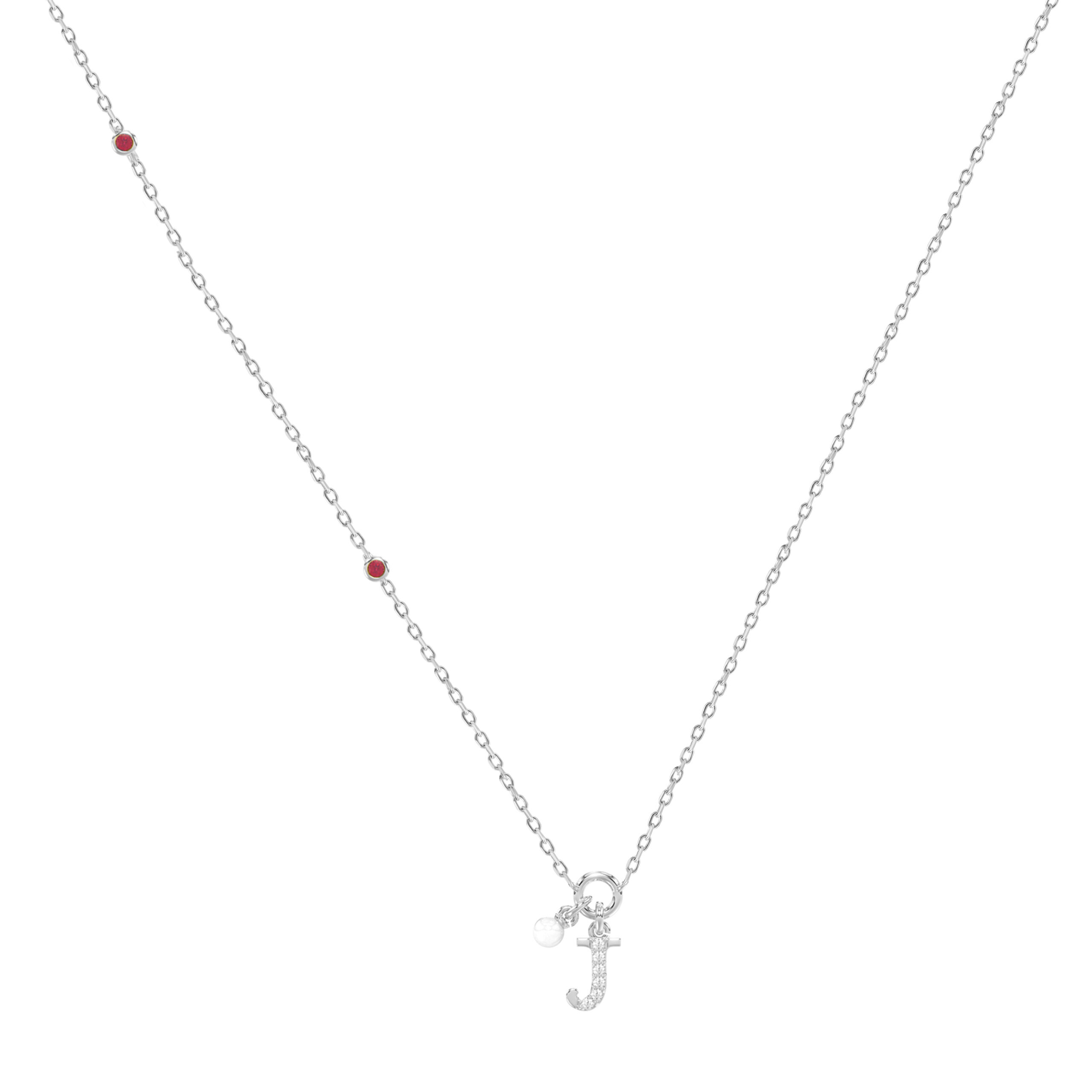 20938824_361207W-SS.jpg Sterling Silver Ladies 0.10CT Round/Ruby Diamond Pearl “J” Alphabet Necklace Elegant Initial Jewelry - Image 1