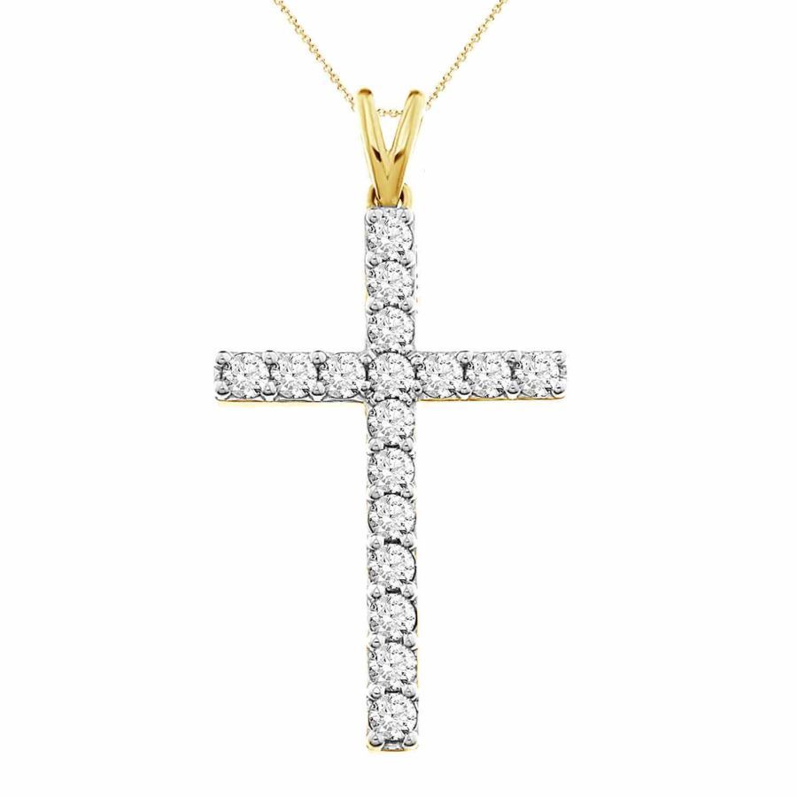 20950602_78318Y-A-46237.jpg LADIES CROSS PENDANT WITH CHAIN 1.00CT ROUND DIAMOND 14K YELLOW GOLD (SI QUALITY) - Image 1