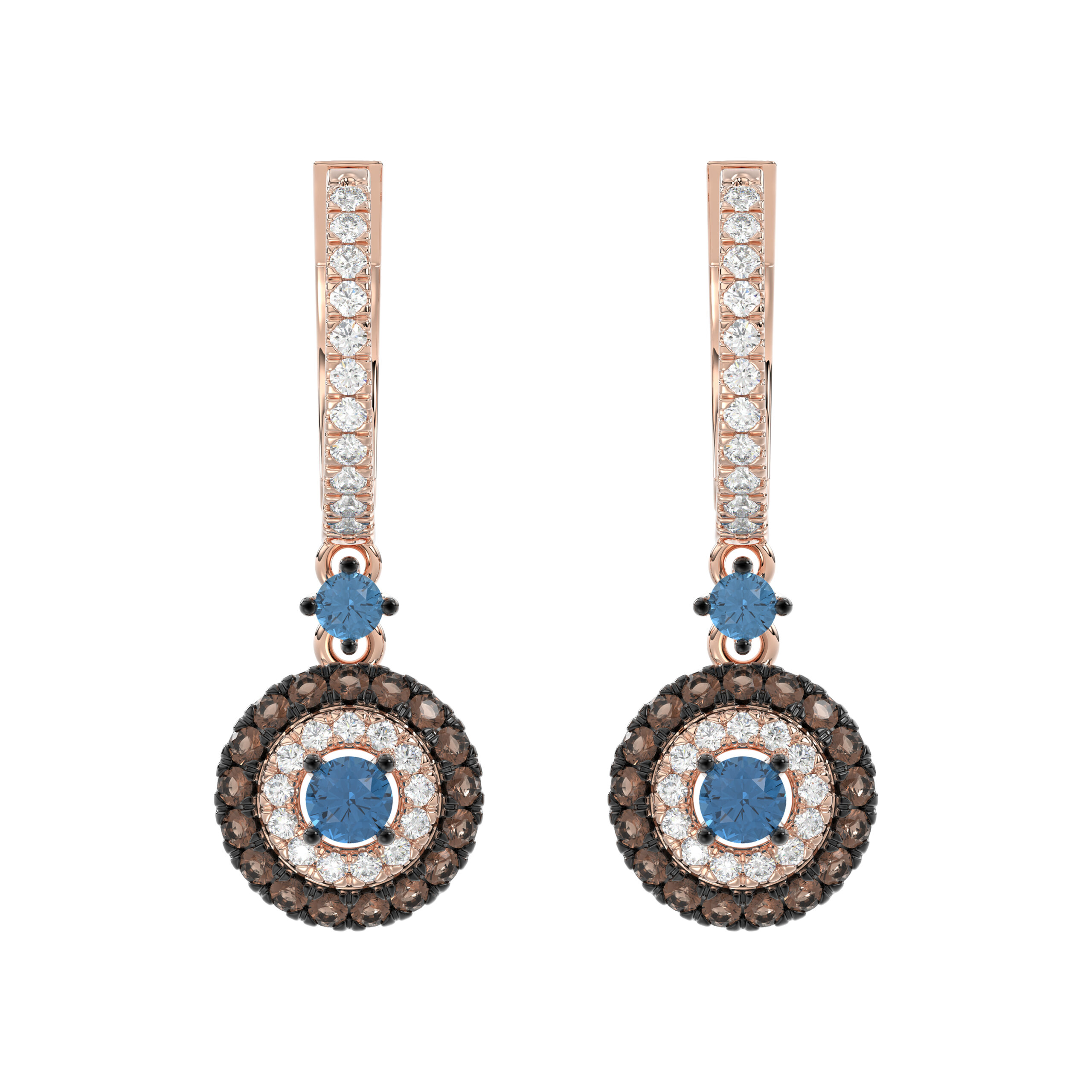 20952979_70828R.jpg Beautiful 14K Rose Gold Ladies Hoop Earrings Featuring Multi-Color Diamonds In Blue And Dark Brown Shades.1.00 Ct Elegant Jewelry Design. - Image 1