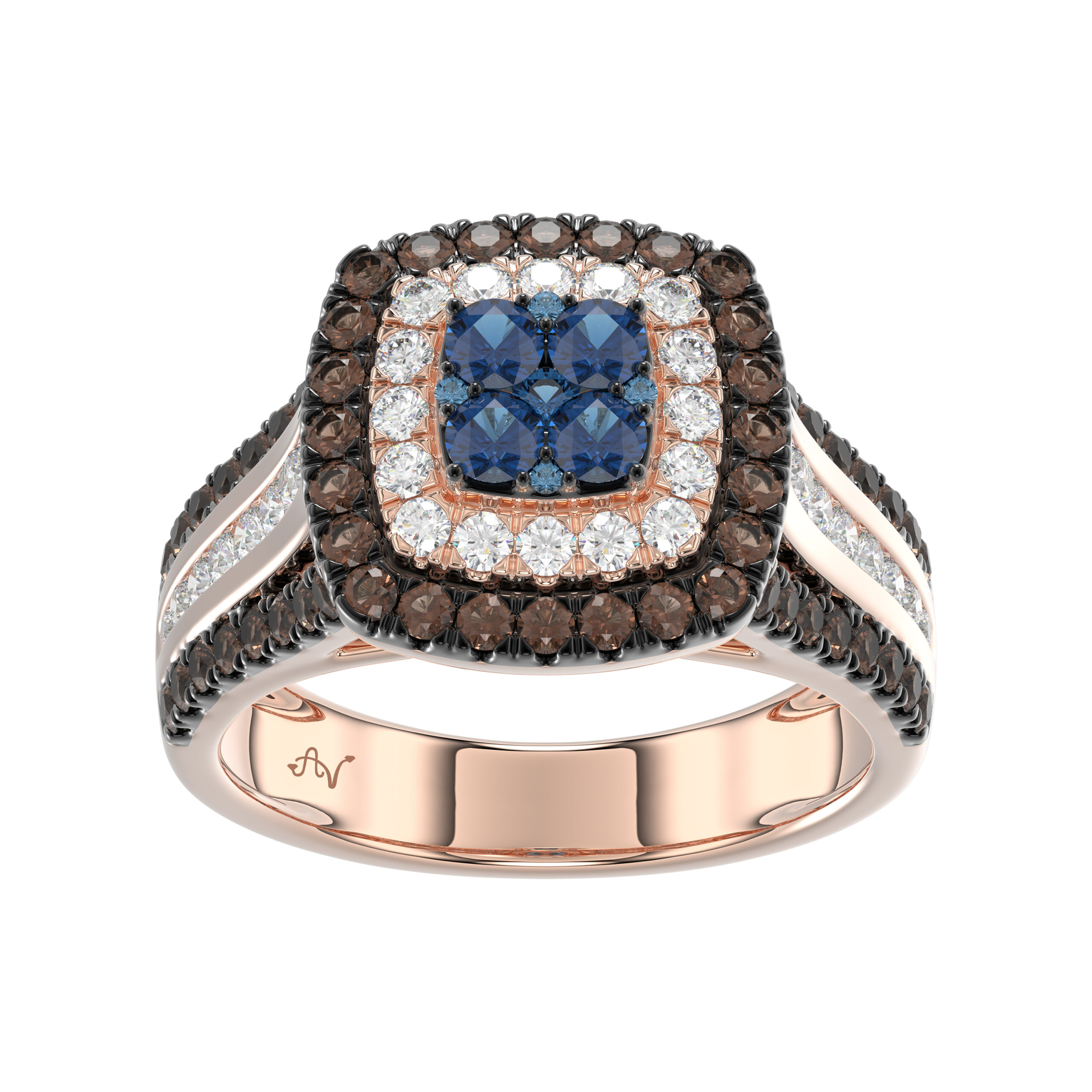 20953156_298668R.jpg Bold And Elegant 14K Rose Gold Ladies Ring Featuring 1.50Ct Round Diamonds In Blue, Dark Brown , And White Tones. A Striking Multi-Stone Design Perfec - Image 1